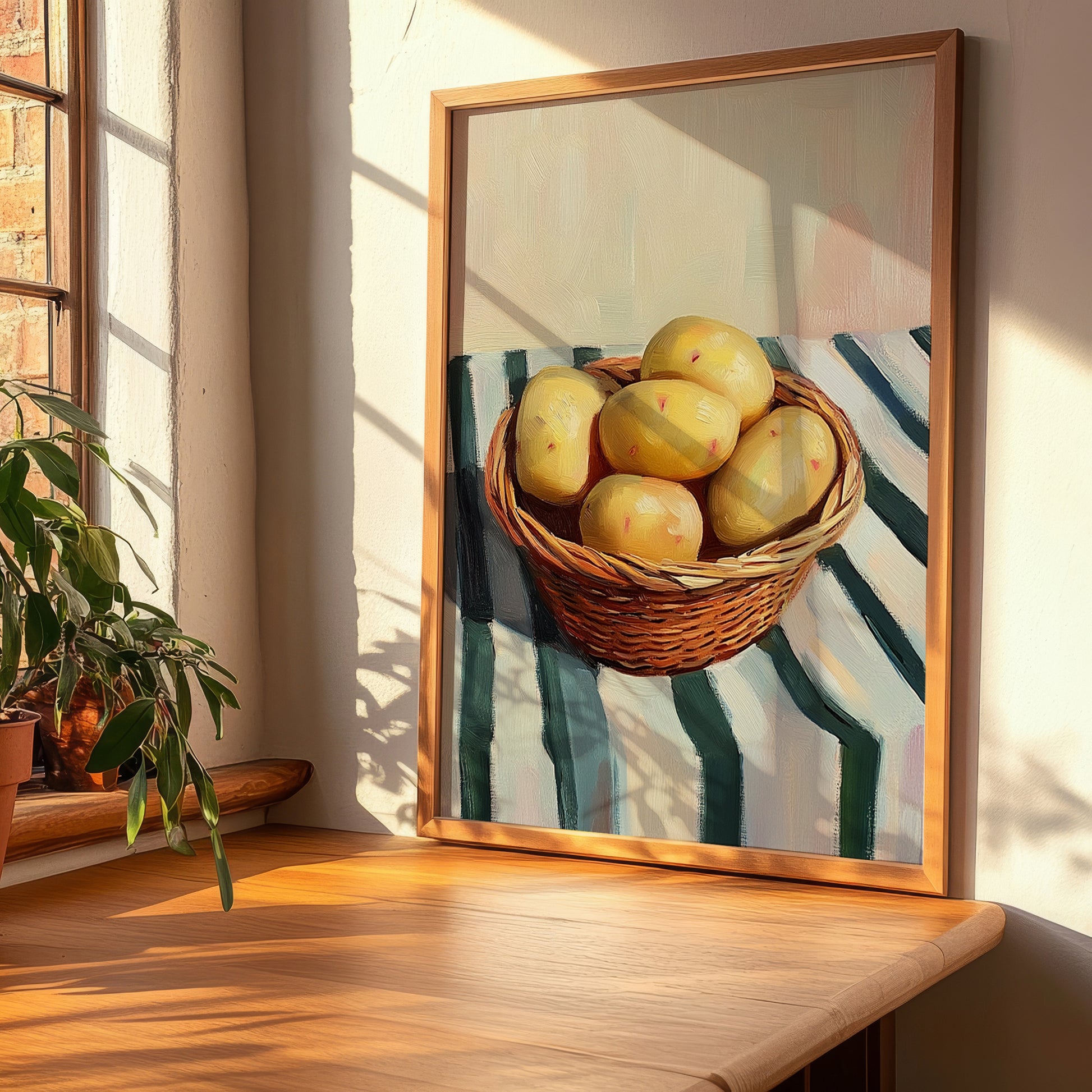 Potato – on Striped Tablecloth, Vegetable Painting, clean layout with no caption