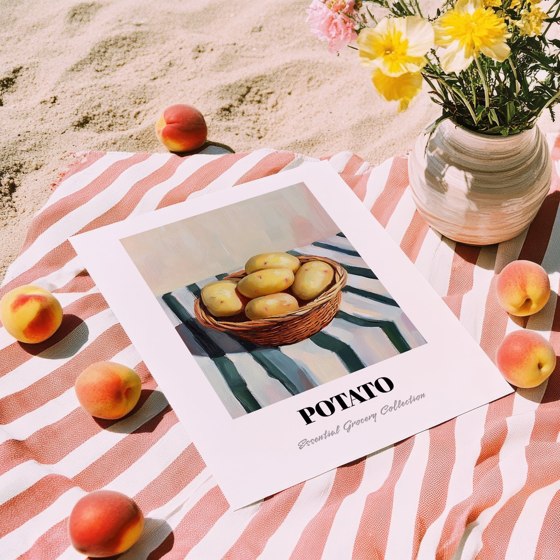 Potato – on Striped Tablecloth, Vegetable Painting, unframed on coastal sand