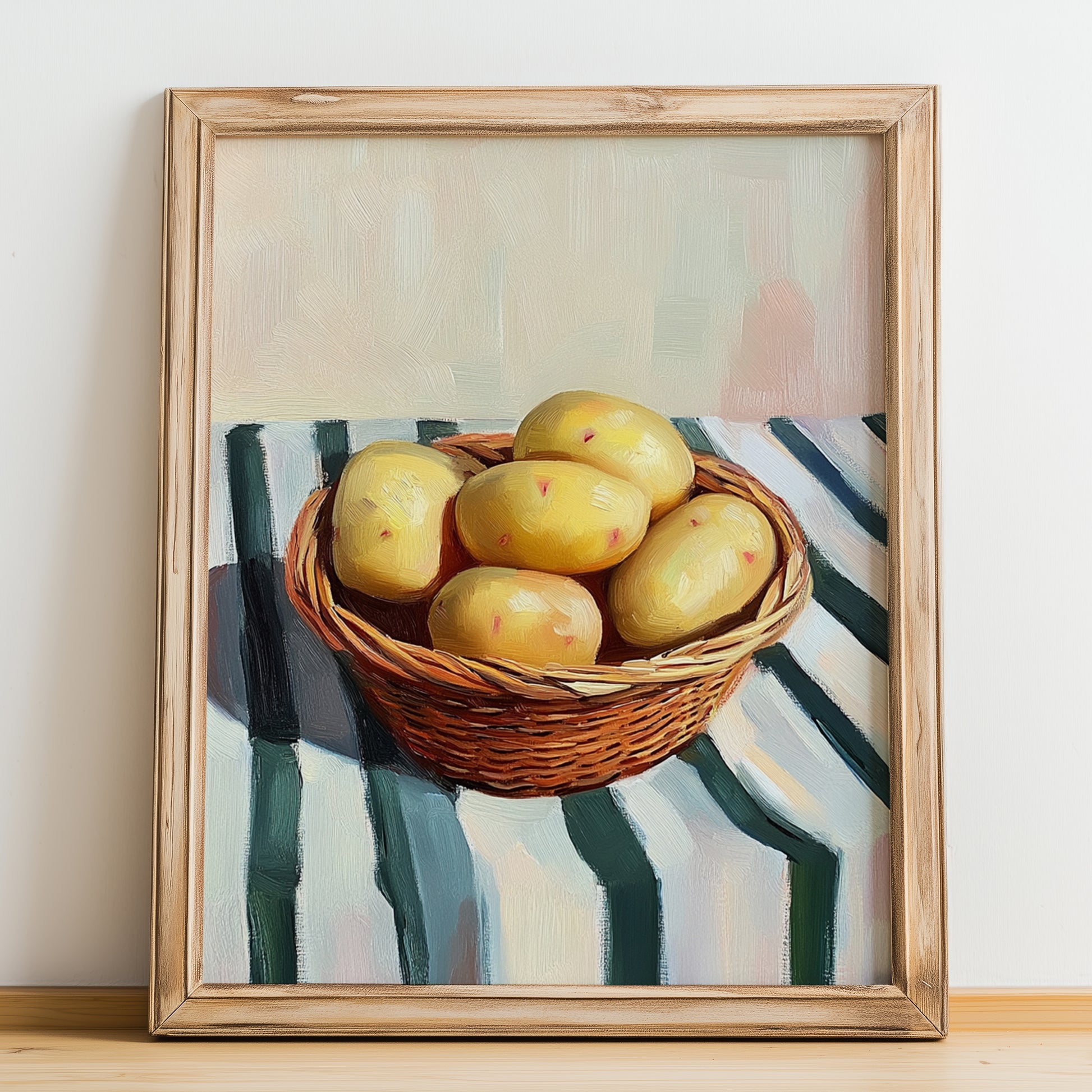 Potato – on Striped Tablecloth, Vegetable Painting, no-text version framed in wood