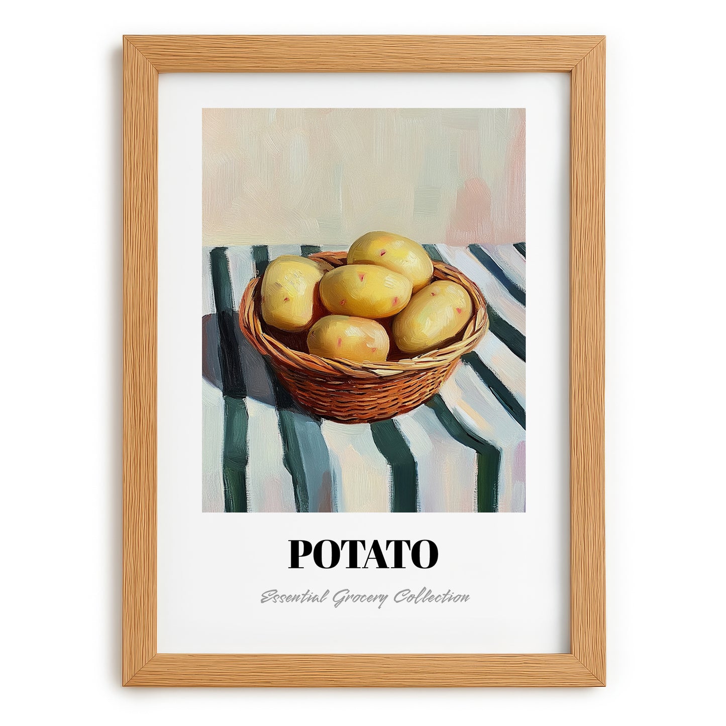 Potato – on Striped Tablecloth, Vegetable Painting, set in oak frame