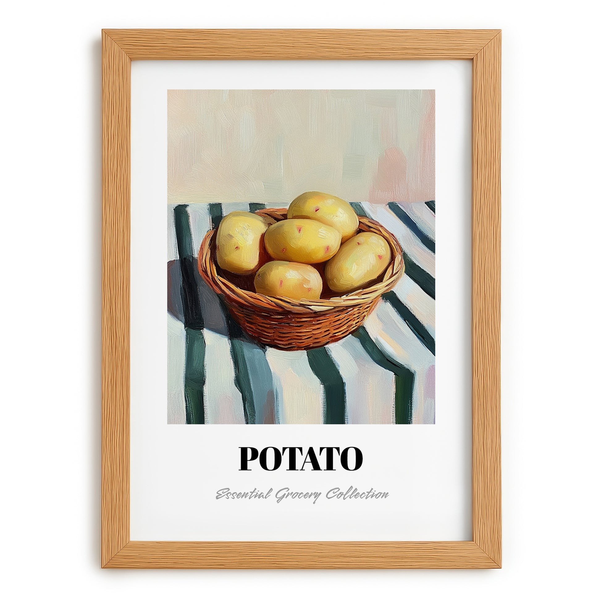 Potato – on Striped Tablecloth, Vegetable Painting, set in oak frame