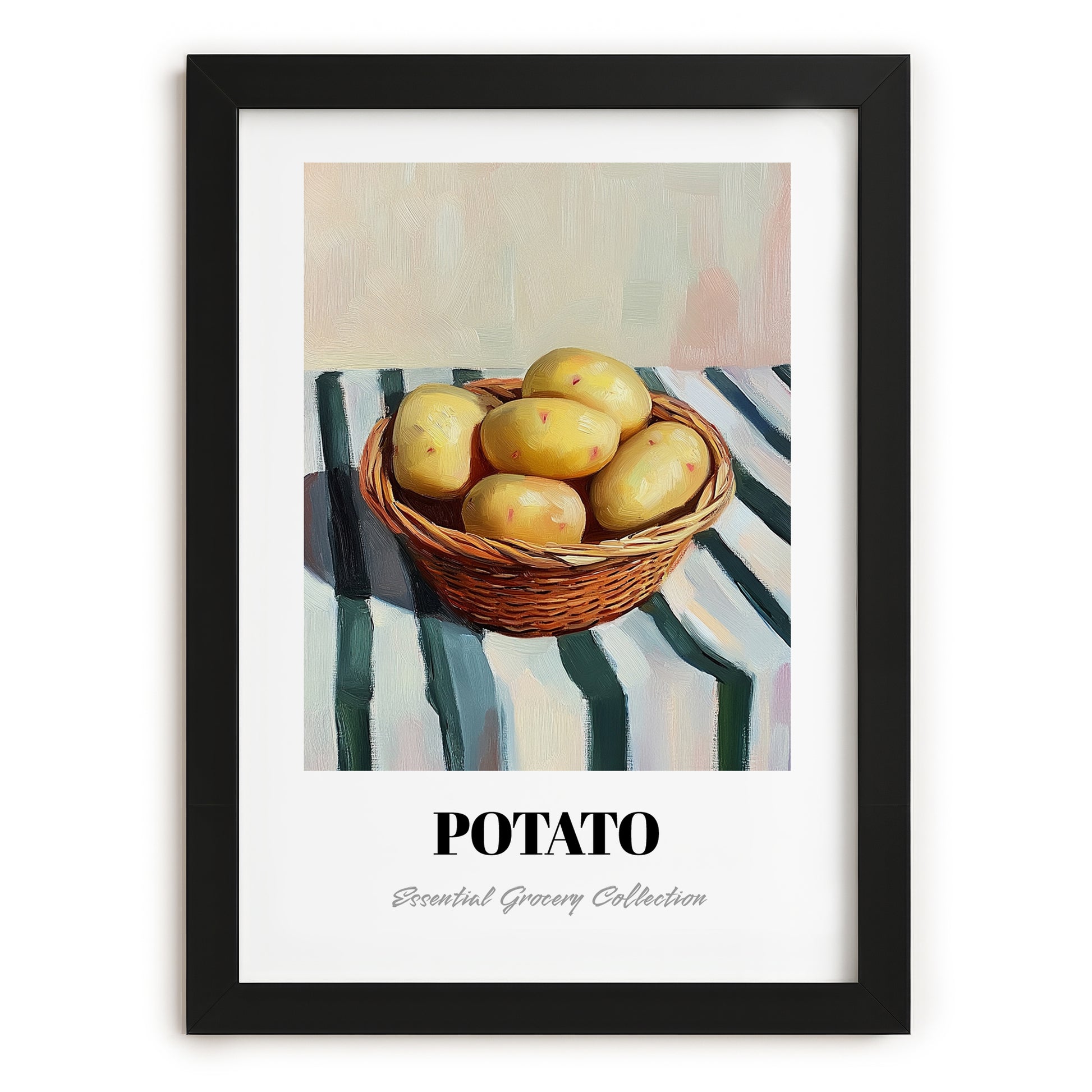 Potato – on Striped Tablecloth, Vegetable Painting, in sleek black frame