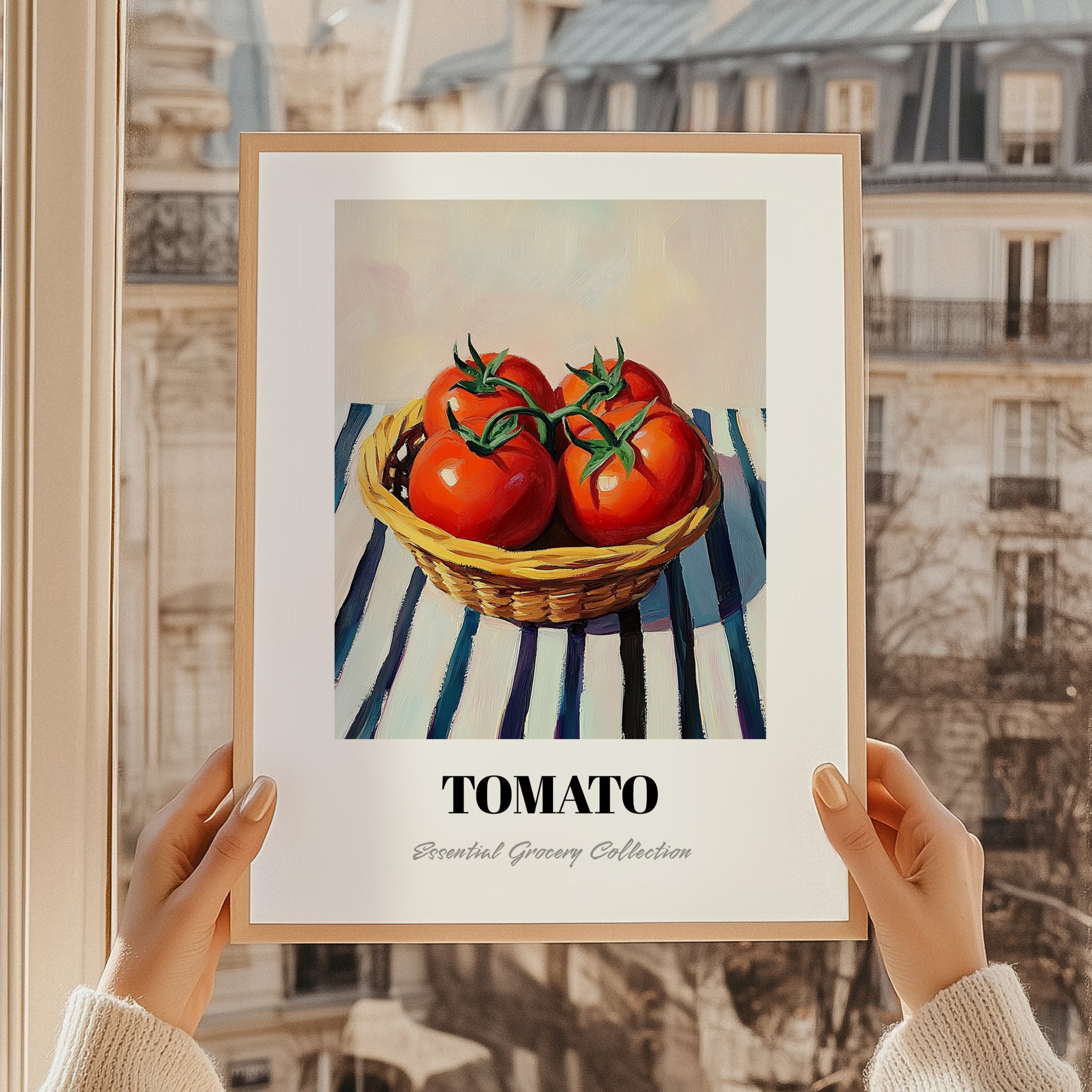 Tomato – on Striped Tablecloth, Vegetable Art, styled in a charming Paris street view
