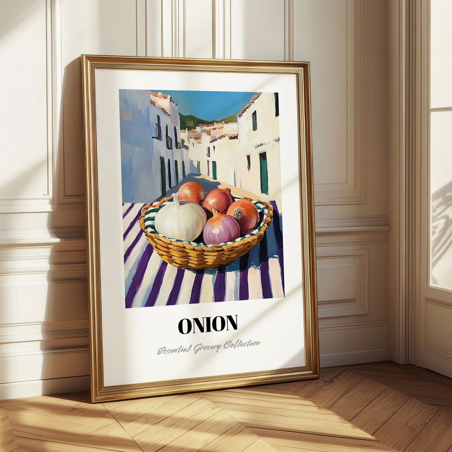 Onion – White village Street Café Scene, Vegetable Wall Illustration