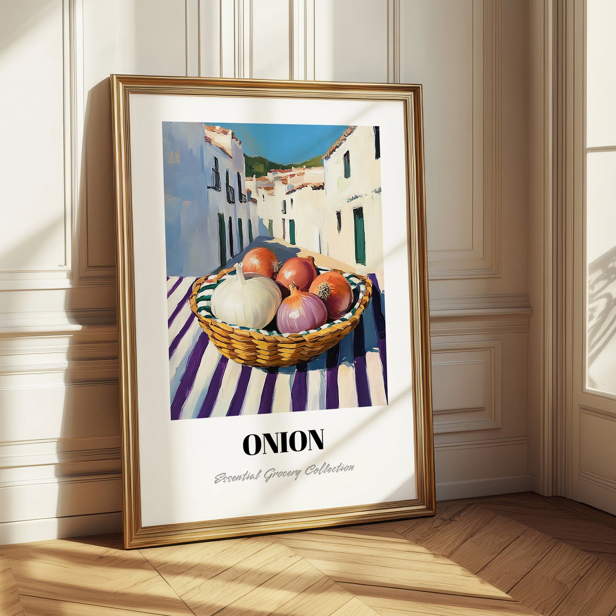 Onion – White village Street Café Scene, Vegetable Wall Illustration