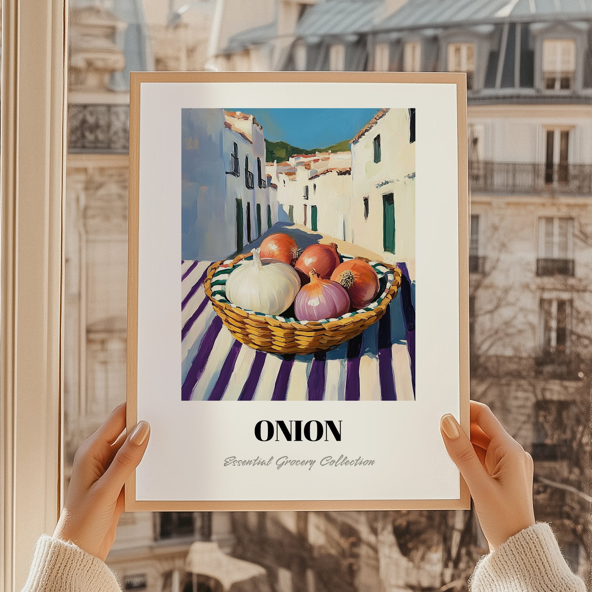 Onion – White village Street Café Scene, Vegetable Wall Illustration, styled in a charming Paris street view