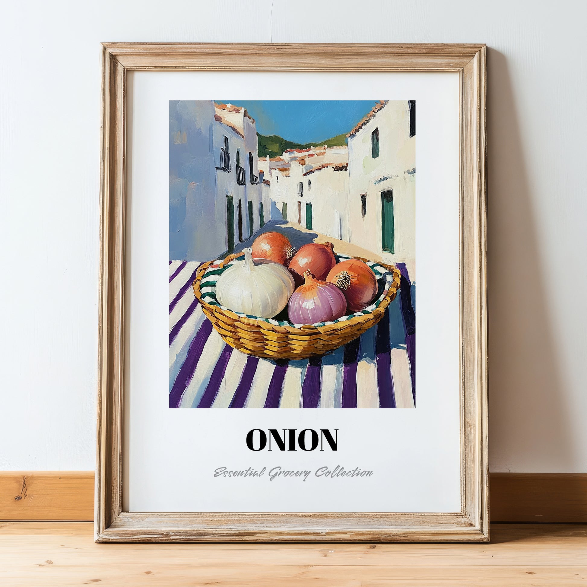 Onion – White village Street Café Scene, Vegetable Wall Illustration, in wooden frame leaning on the floor