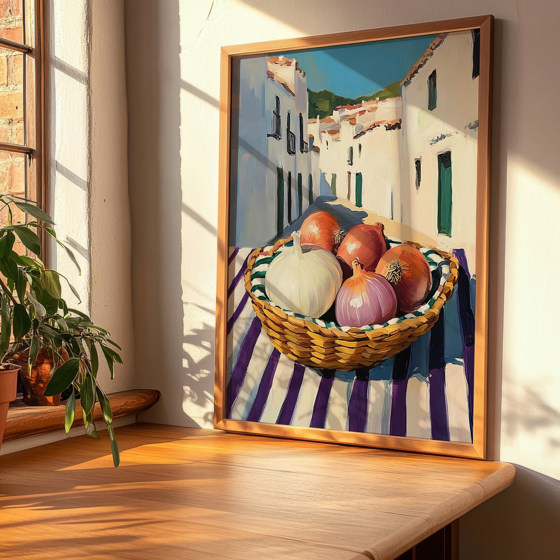 Onion – White village Street Café Scene, Vegetable Wall Illustration, clean layout with no caption