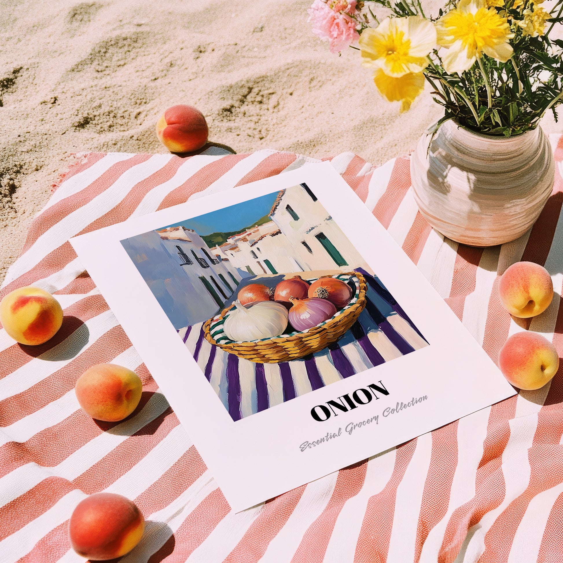 Onion – White village Street Café Scene, Vegetable Wall Illustration, unframed on coastal sand