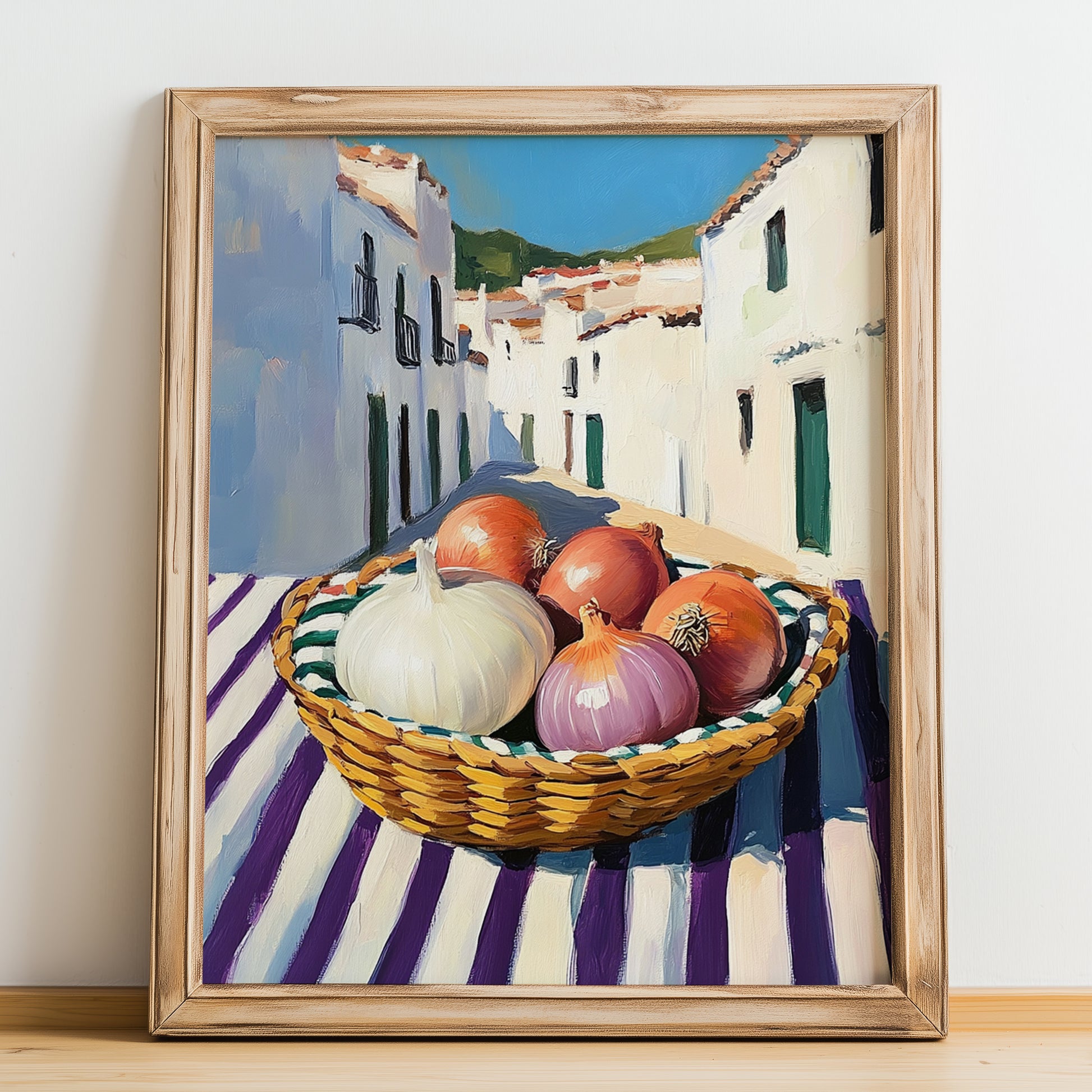 Onion – White village Street Café Scene, Vegetable Wall Illustration, no-text version framed in wood