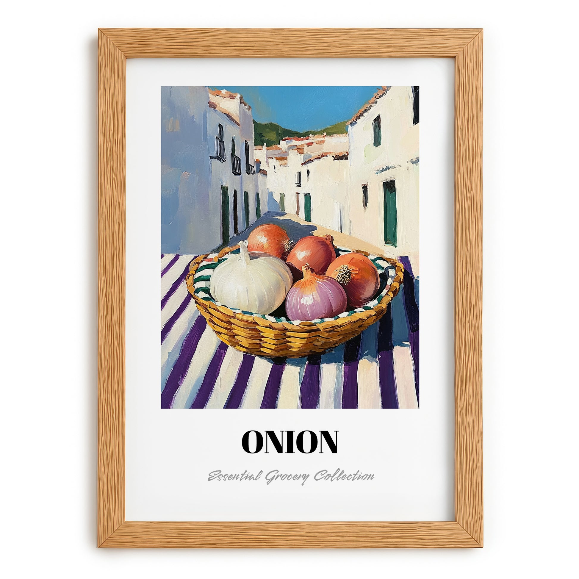 Onion – White village Street Café Scene, Vegetable Wall Illustration, set in oak frame