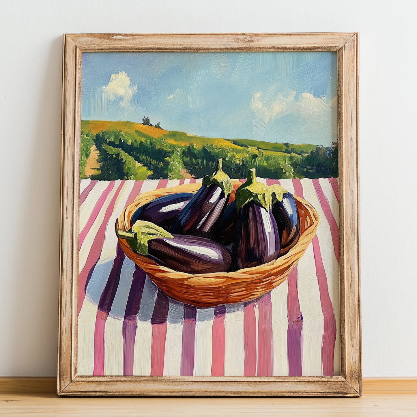 Eggplant – Valley Café Scene, Vegetable Still Life, no-text version framed in wood