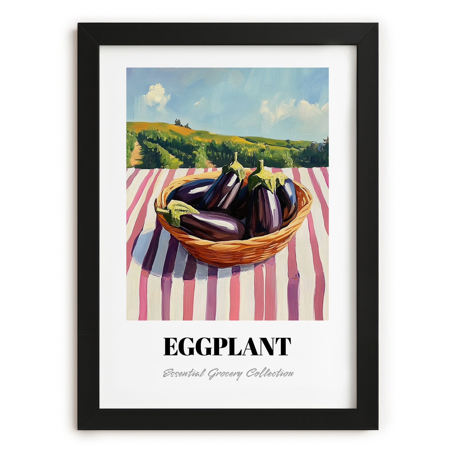 Eggplant – Valley Café Scene, Vegetable Still Life, in sleek black frame
