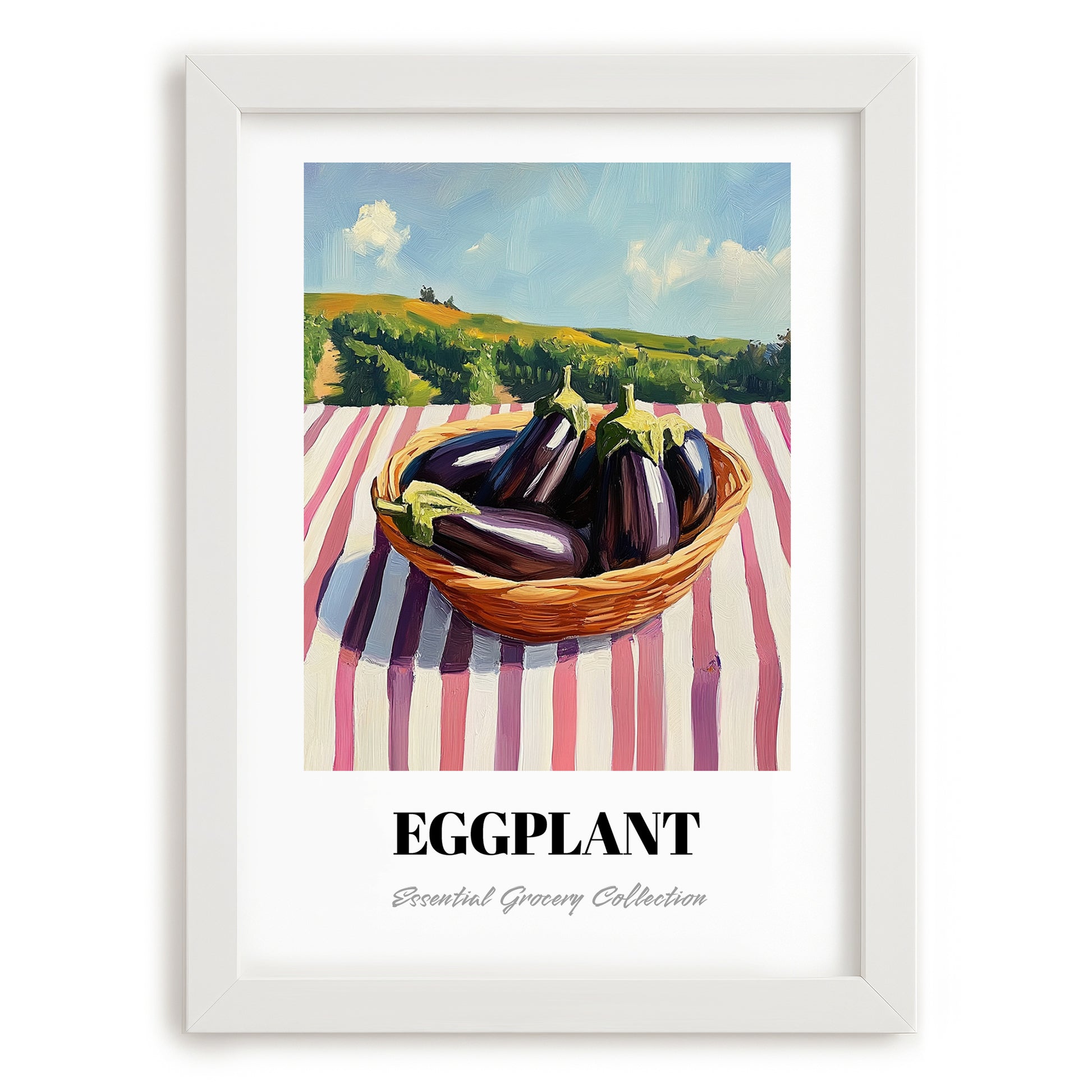 Eggplant – Valley Café Scene, Vegetable Still Life, placed in minimal white frame