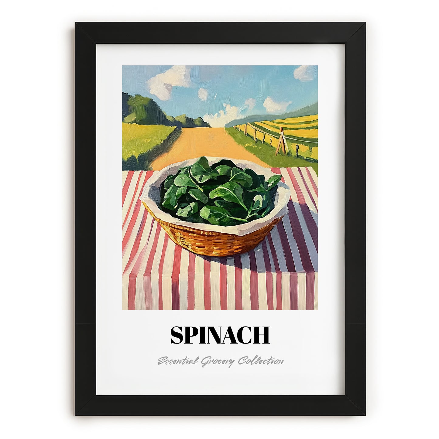 Spinach – Green Valley Landscape, Vegetable Print, in sleek black frame