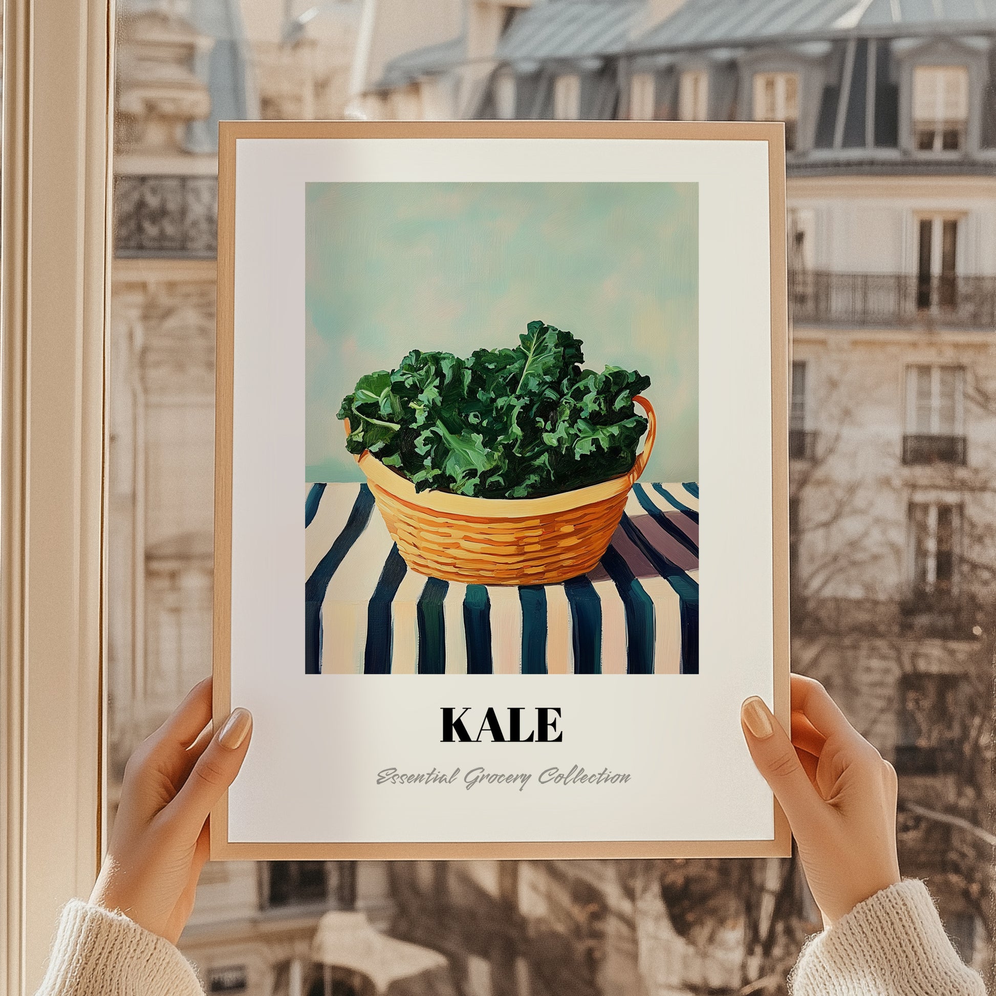 Kale – on Striped Tablecloth, Vegetable Print, styled in a charming Paris street view