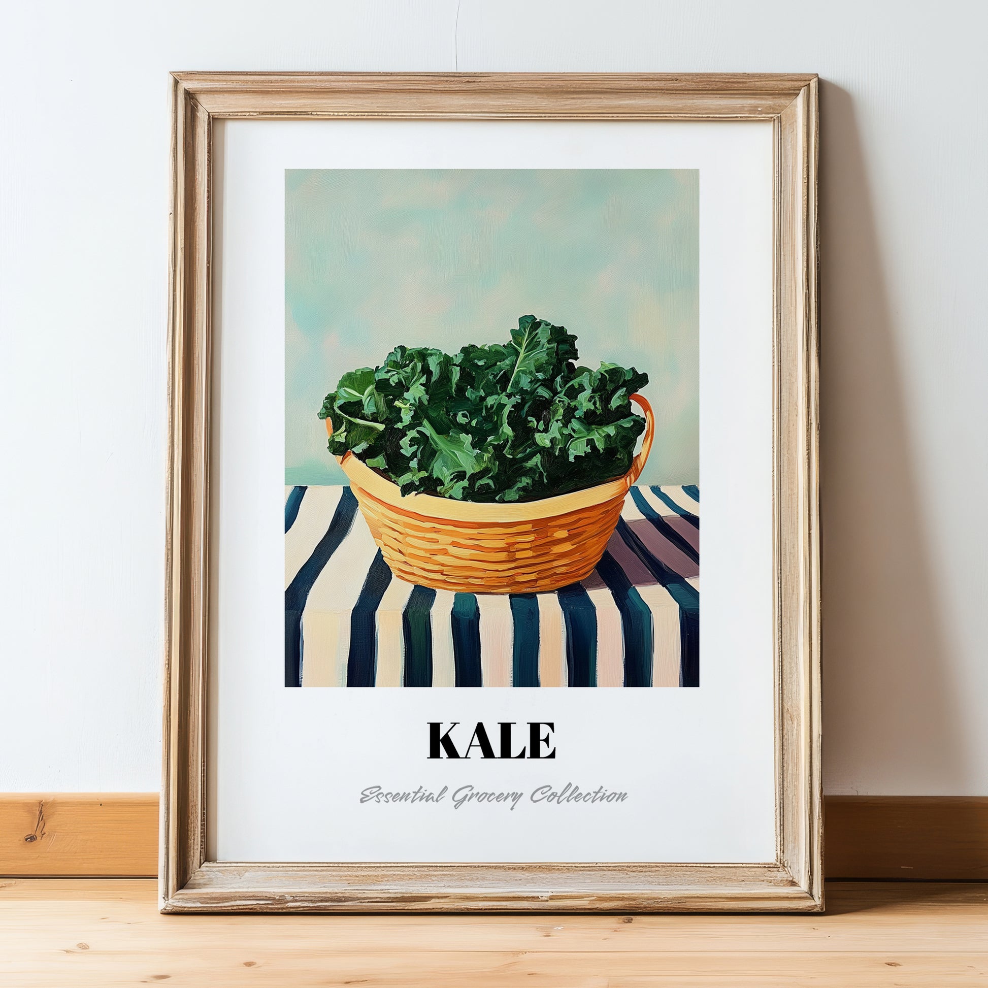 Kale – on Striped Tablecloth, Vegetable Print, in wooden frame leaning on the floor
