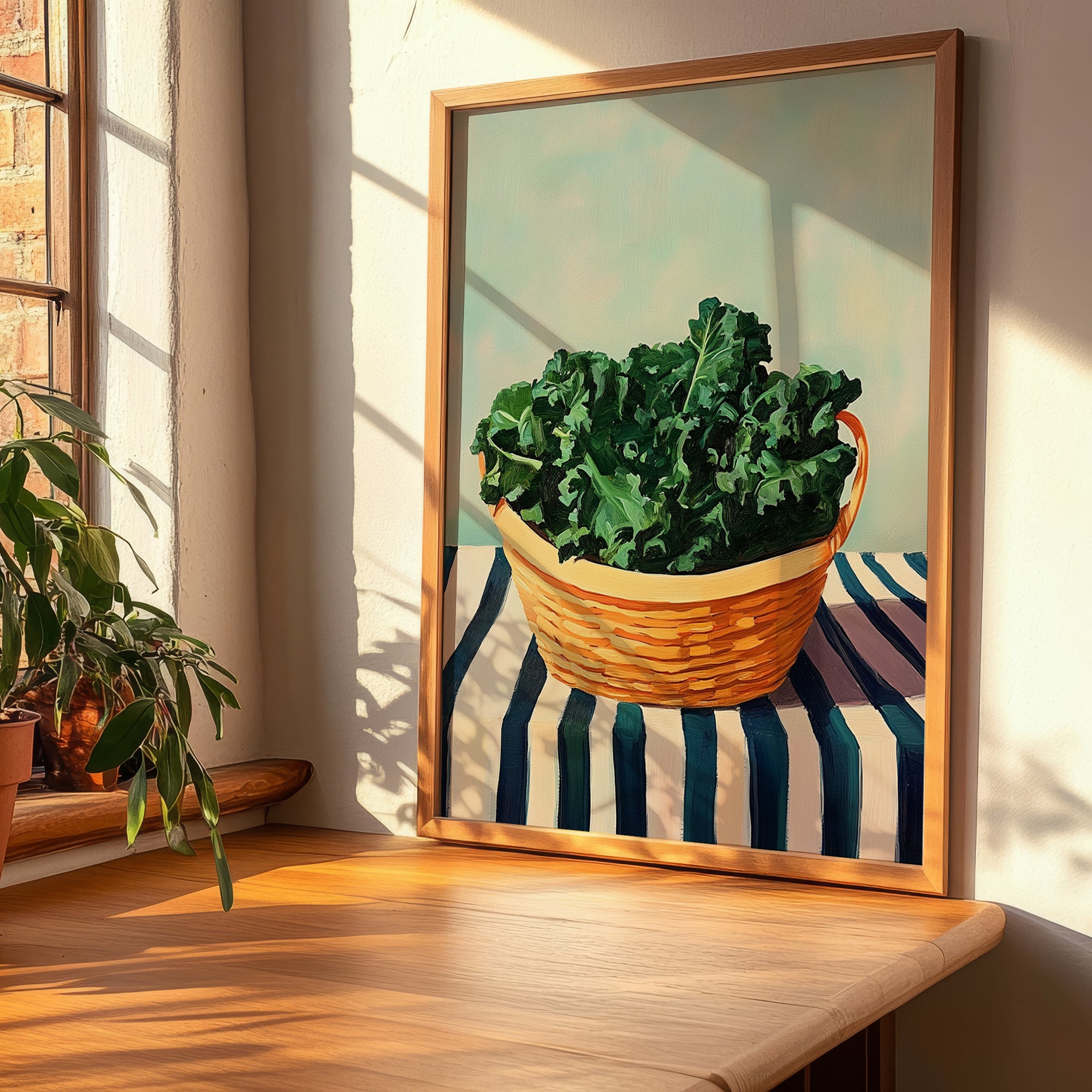 Kale – on Striped Tablecloth, Vegetable Print, clean layout with no caption