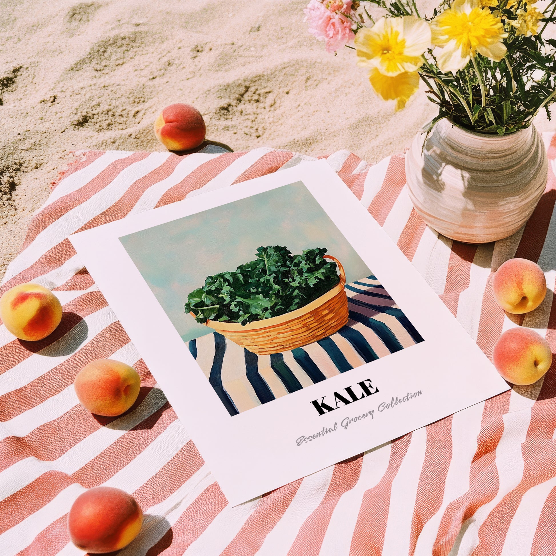 Kale – on Striped Tablecloth, Vegetable Print, unframed on coastal sand