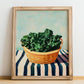 Kale – on Striped Tablecloth, Vegetable Print, no-text version framed in wood