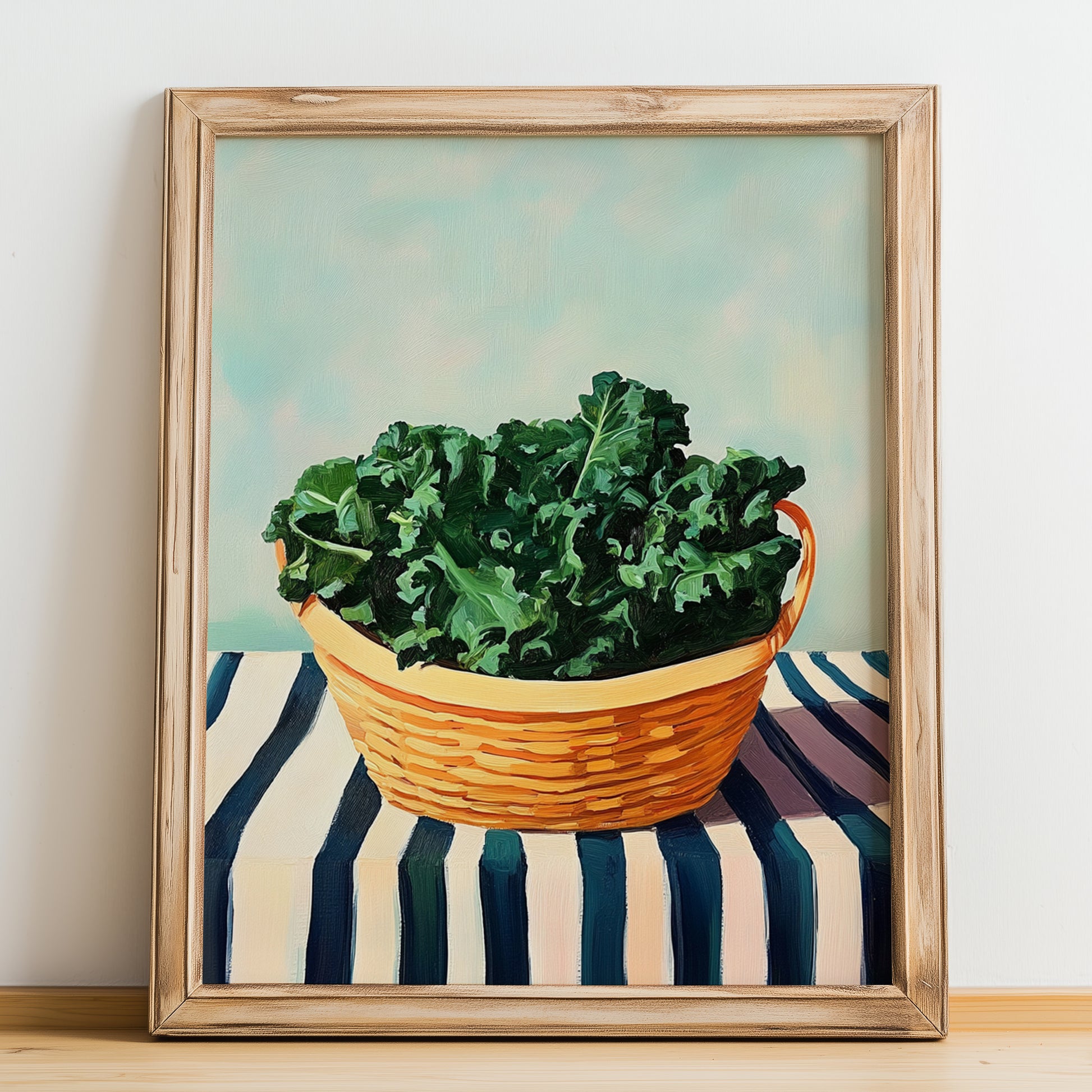 Kale – on Striped Tablecloth, Vegetable Print, no-text version framed in wood