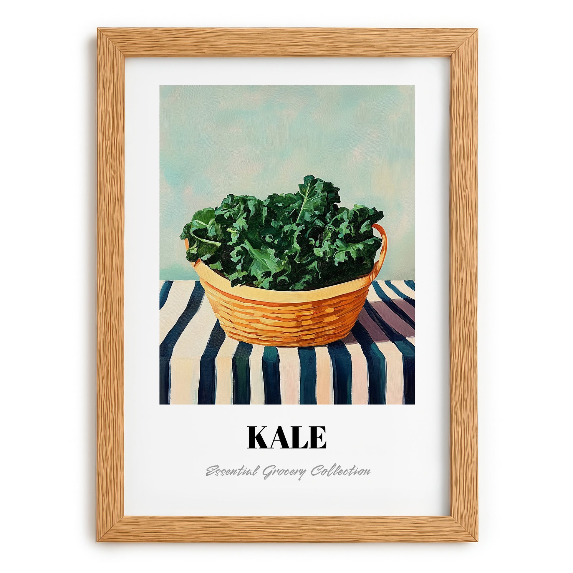 Kale – on Striped Tablecloth, Vegetable Print, set in oak frame
