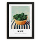 Kale – on Striped Tablecloth, Vegetable Print, in sleek black frame