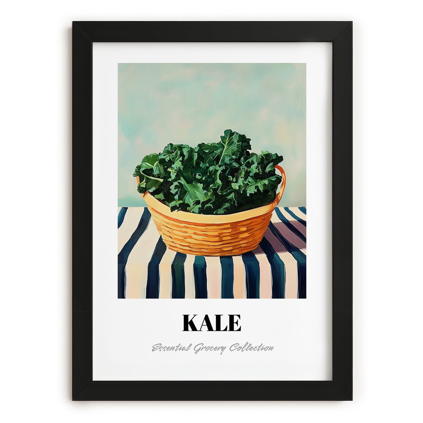 Kale – on Striped Tablecloth, Vegetable Print, in sleek black frame