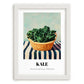 Kale – on Striped Tablecloth, Vegetable Print, placed in minimal white frame