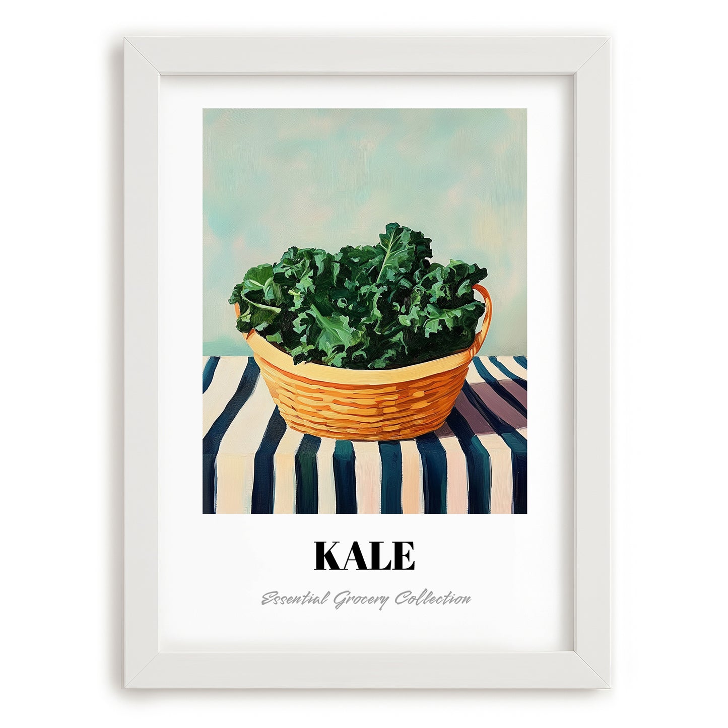 Kale – on Striped Tablecloth, Vegetable Print, placed in minimal white frame