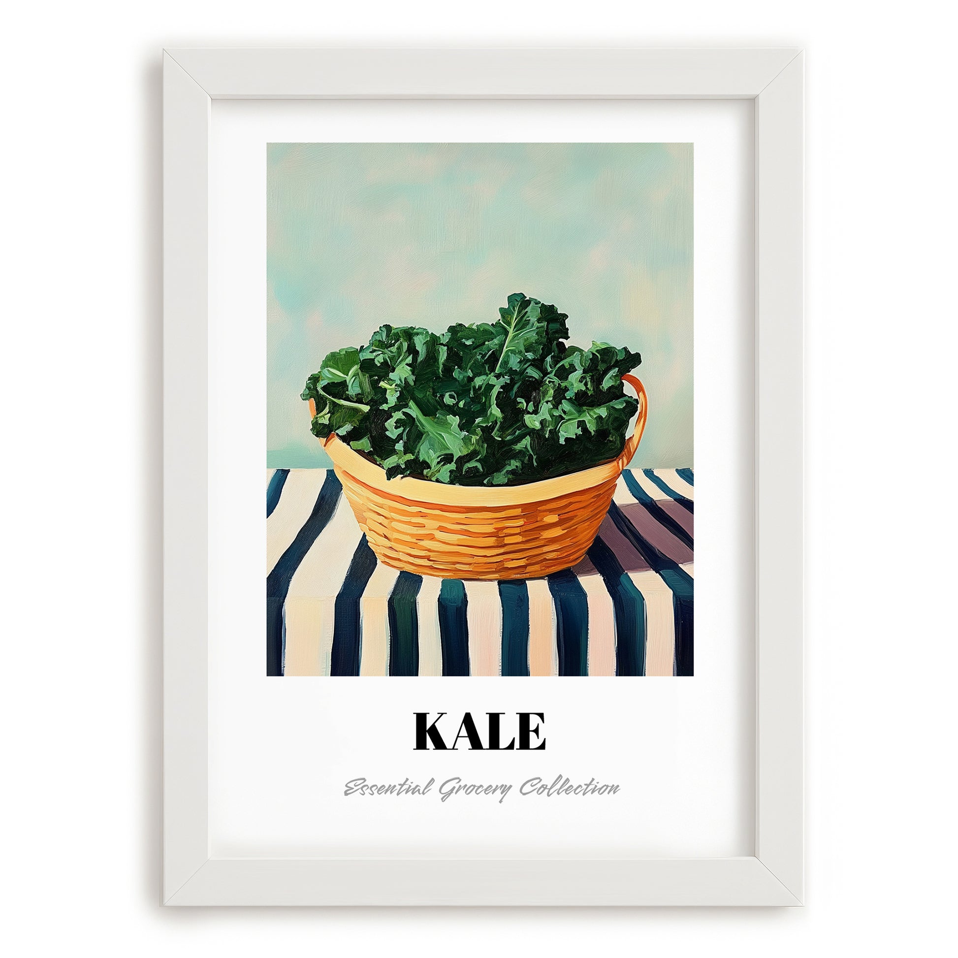 Kale – on Striped Tablecloth, Vegetable Print, placed in minimal white frame