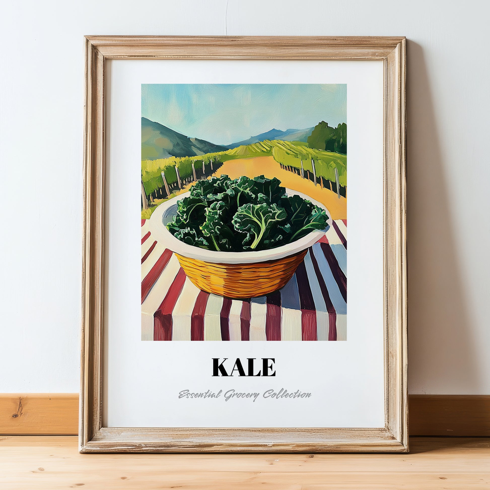 Kale – Green Valley Landscape, Vegetable Wall Decor, in wooden frame leaning on the floor