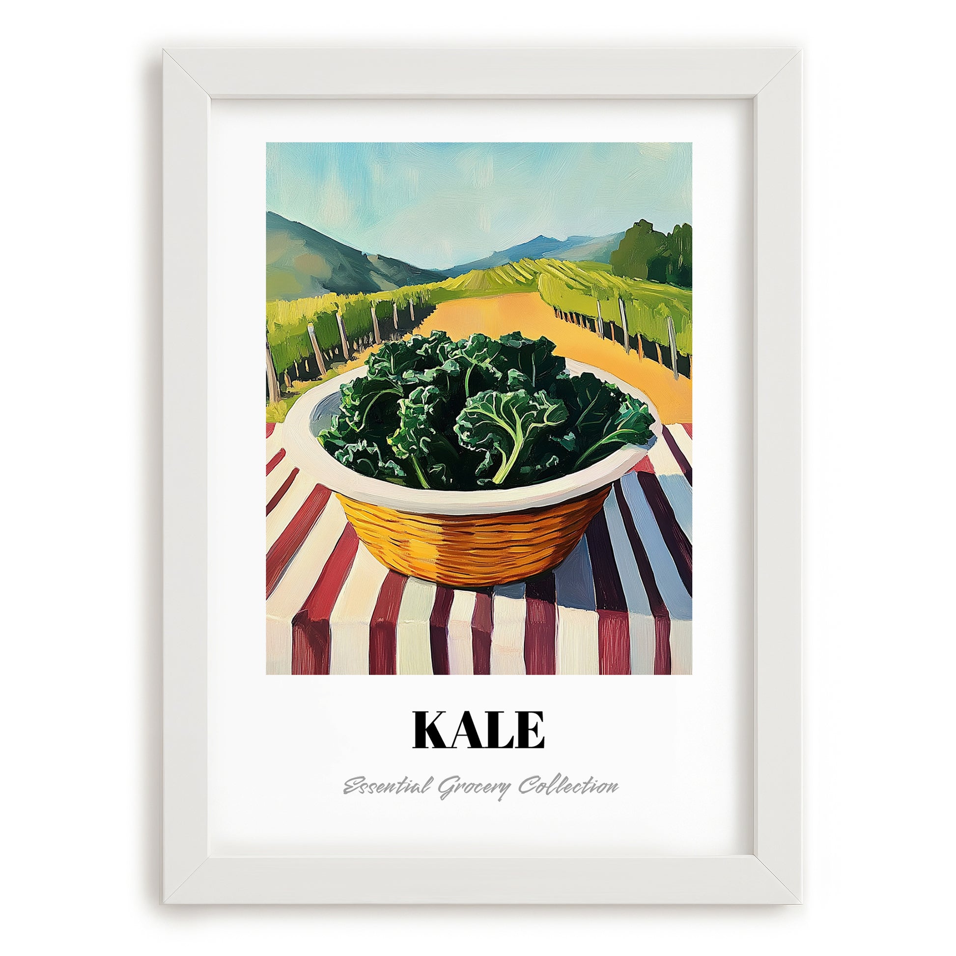Kale – Green Valley Landscape, Vegetable Wall Decor, placed in minimal white frame
