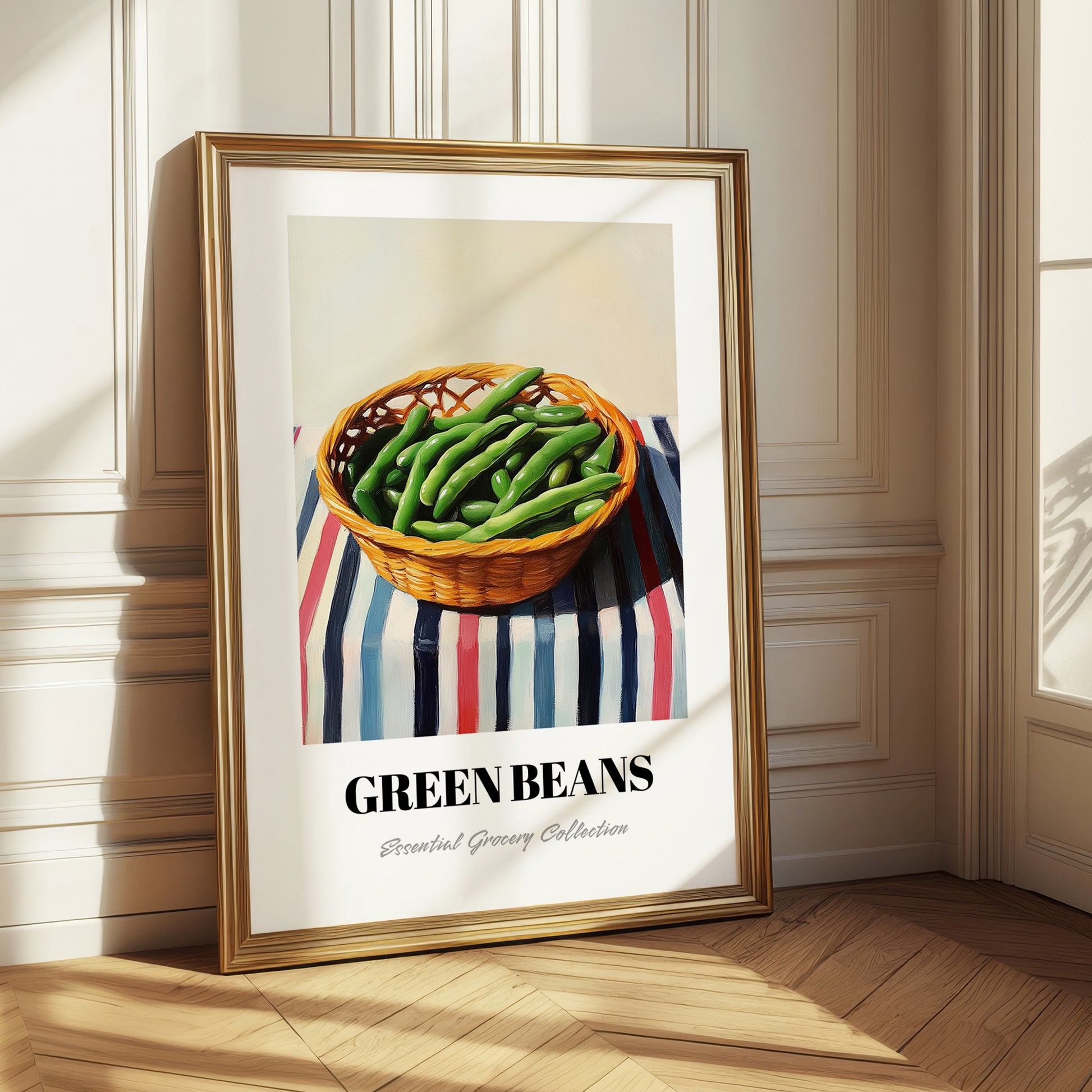 Green Beans – on Striped Tablecloth, Vegetable Illustration