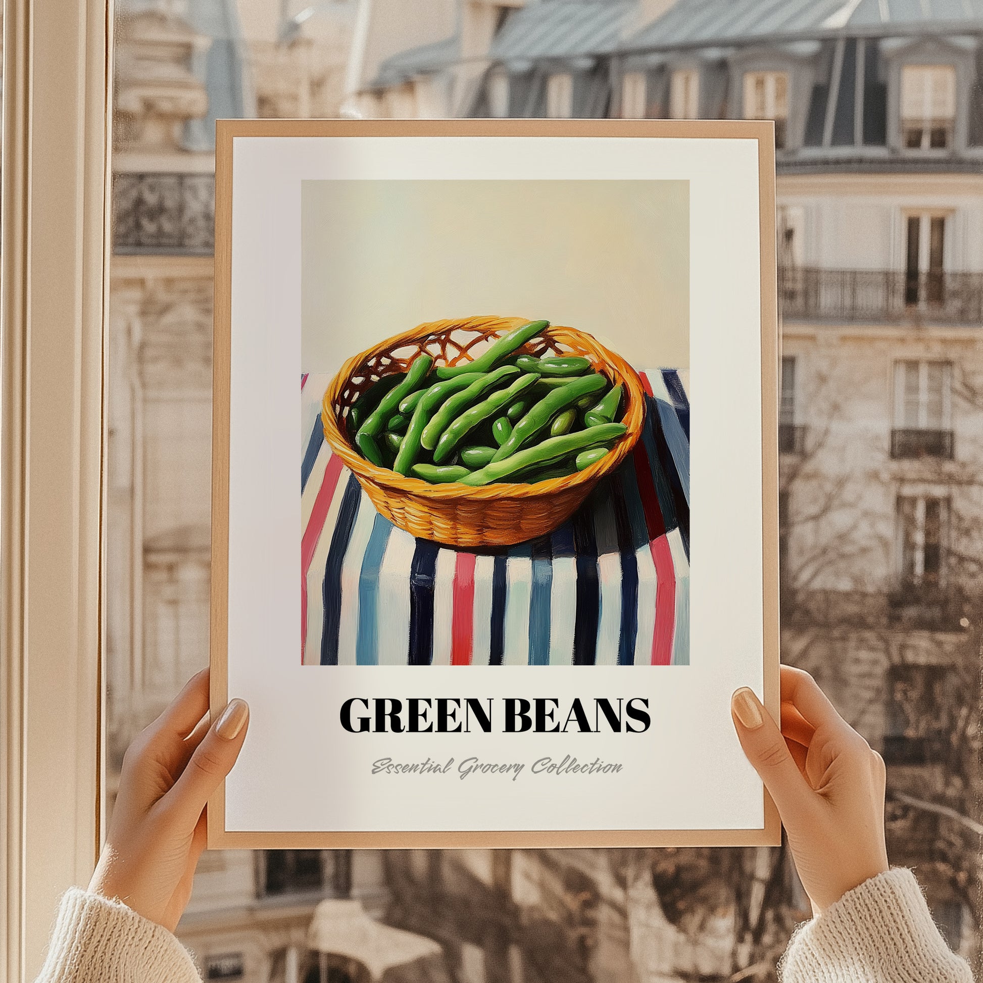 Green Beans – on Striped Tablecloth, Vegetable Illustration, styled in a charming Paris street view