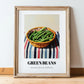 Green Beans – on Striped Tablecloth, Vegetable Illustration, in wooden frame leaning on the floor