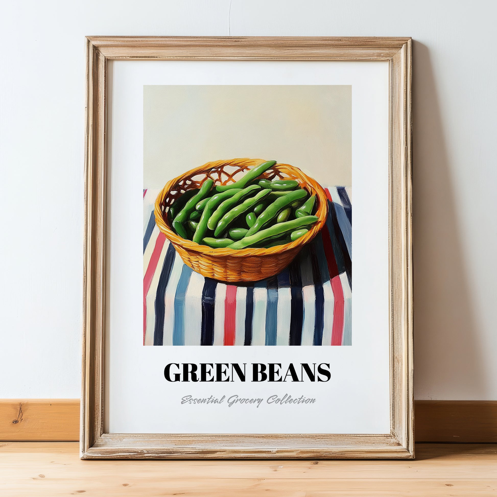 Green Beans – on Striped Tablecloth, Vegetable Illustration, in wooden frame leaning on the floor