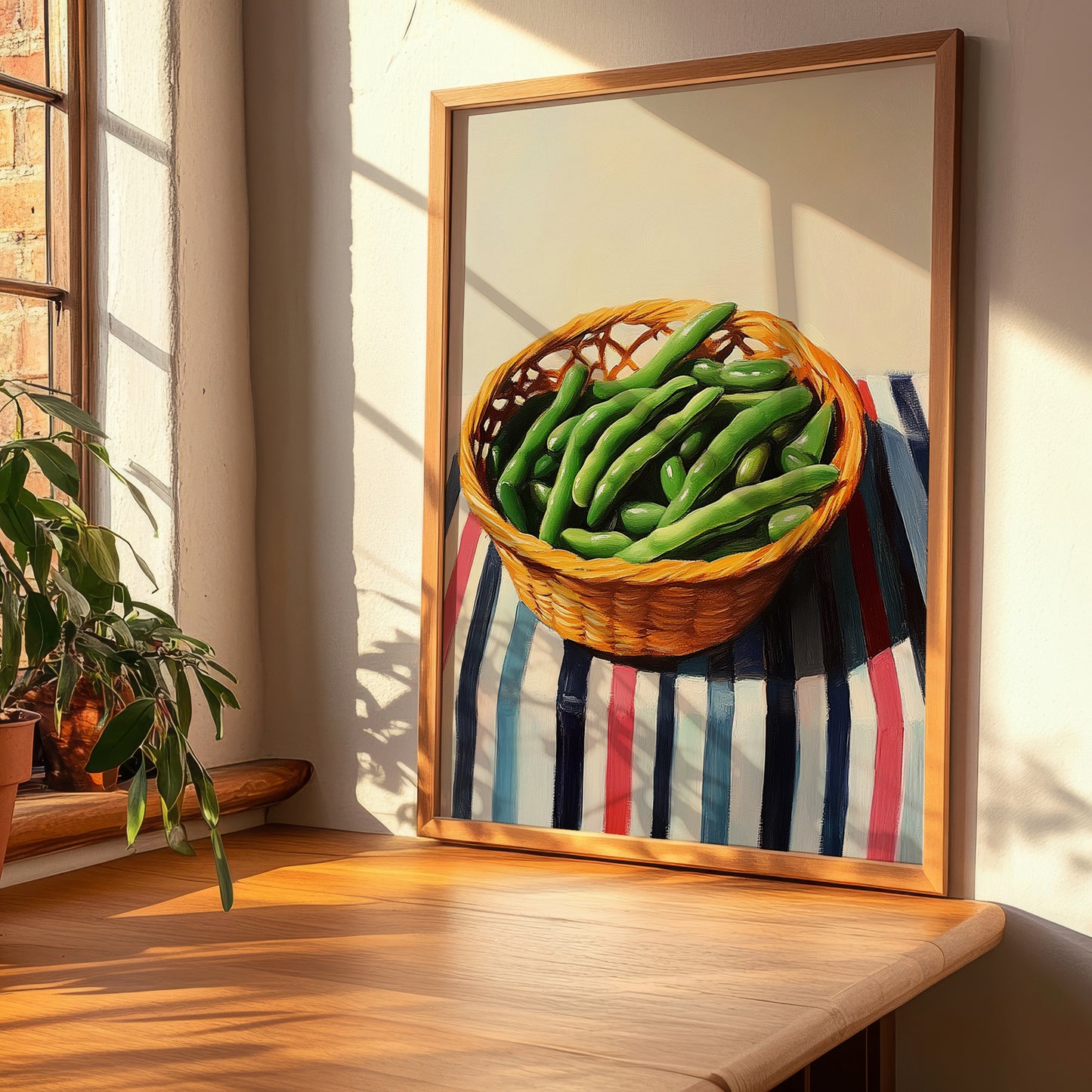 Green Beans – on Striped Tablecloth, Vegetable Illustration, clean layout with no caption