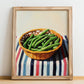 Green Beans – on Striped Tablecloth, Vegetable Illustration, no-text version framed in wood