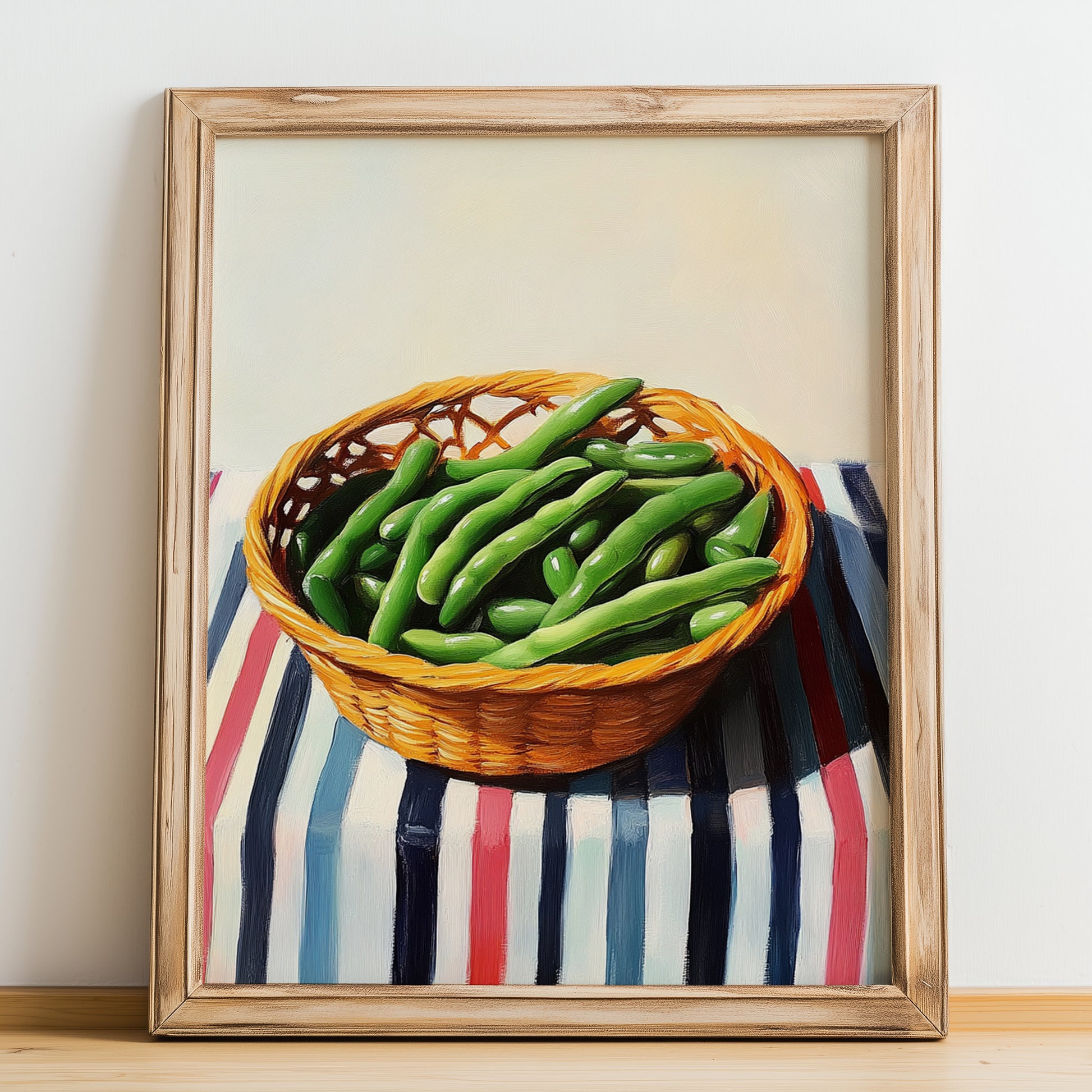 Green Beans – on Striped Tablecloth, Vegetable Illustration, no-text version framed in wood