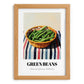 Green Beans – on Striped Tablecloth, Vegetable Illustration, set in oak frame