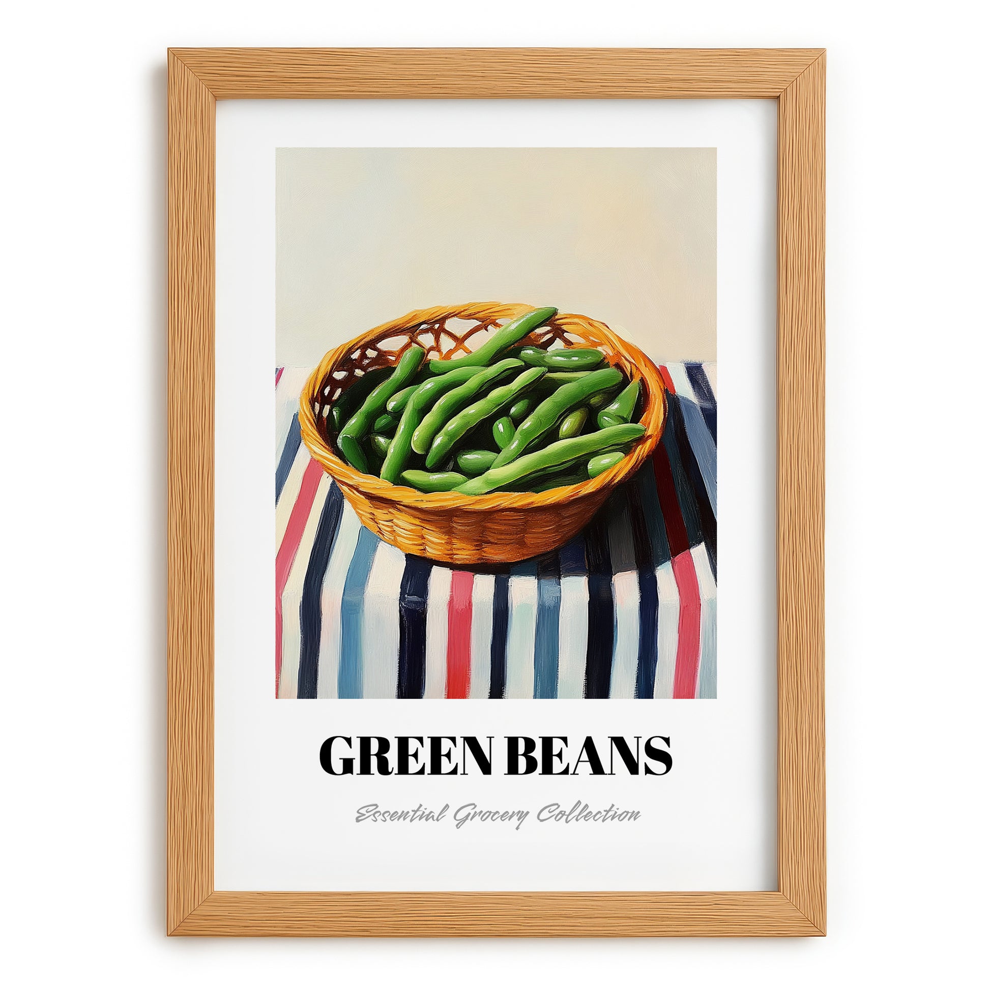 Green Beans – on Striped Tablecloth, Vegetable Illustration, set in oak frame