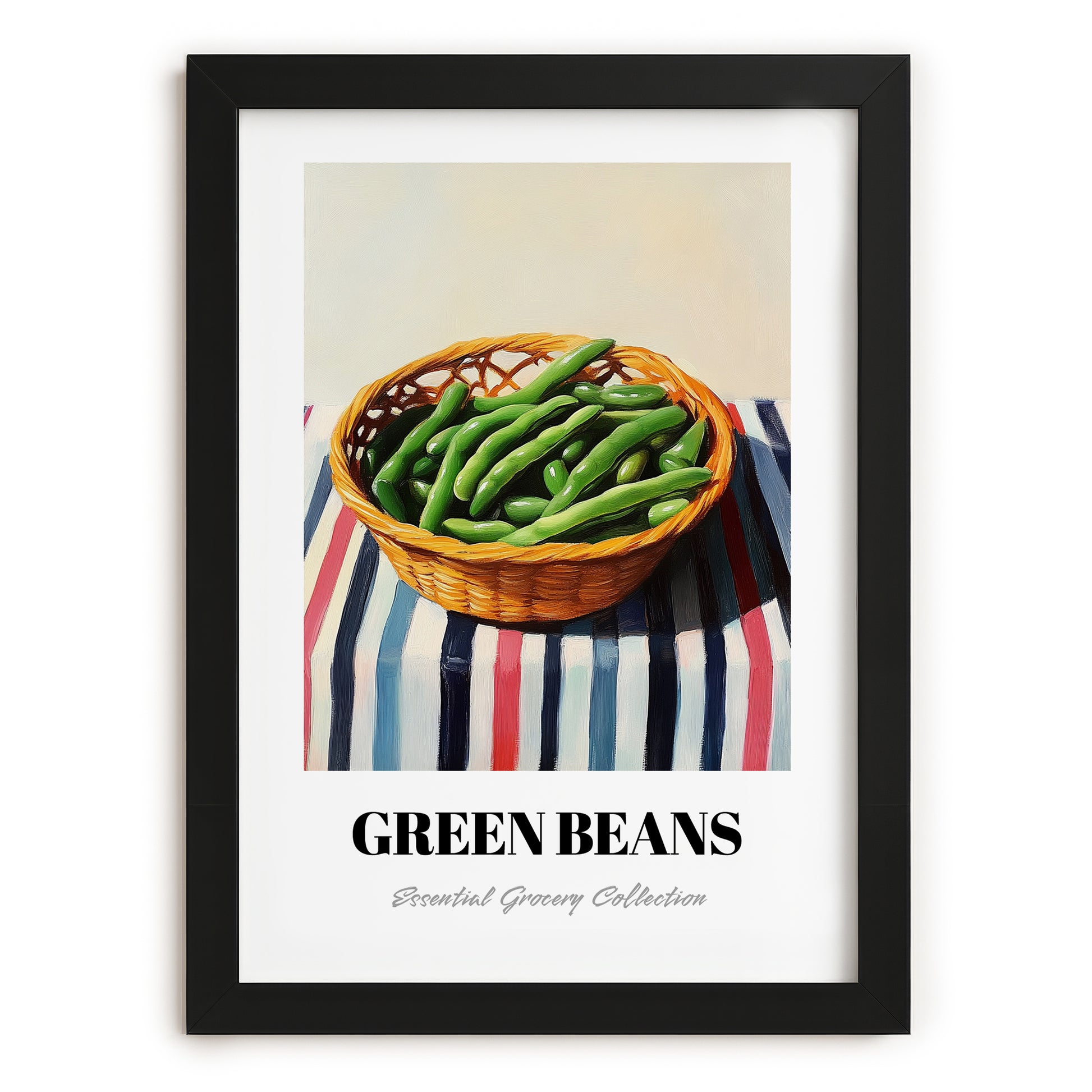 Green Beans – on Striped Tablecloth, Vegetable Illustration, in sleek black frame