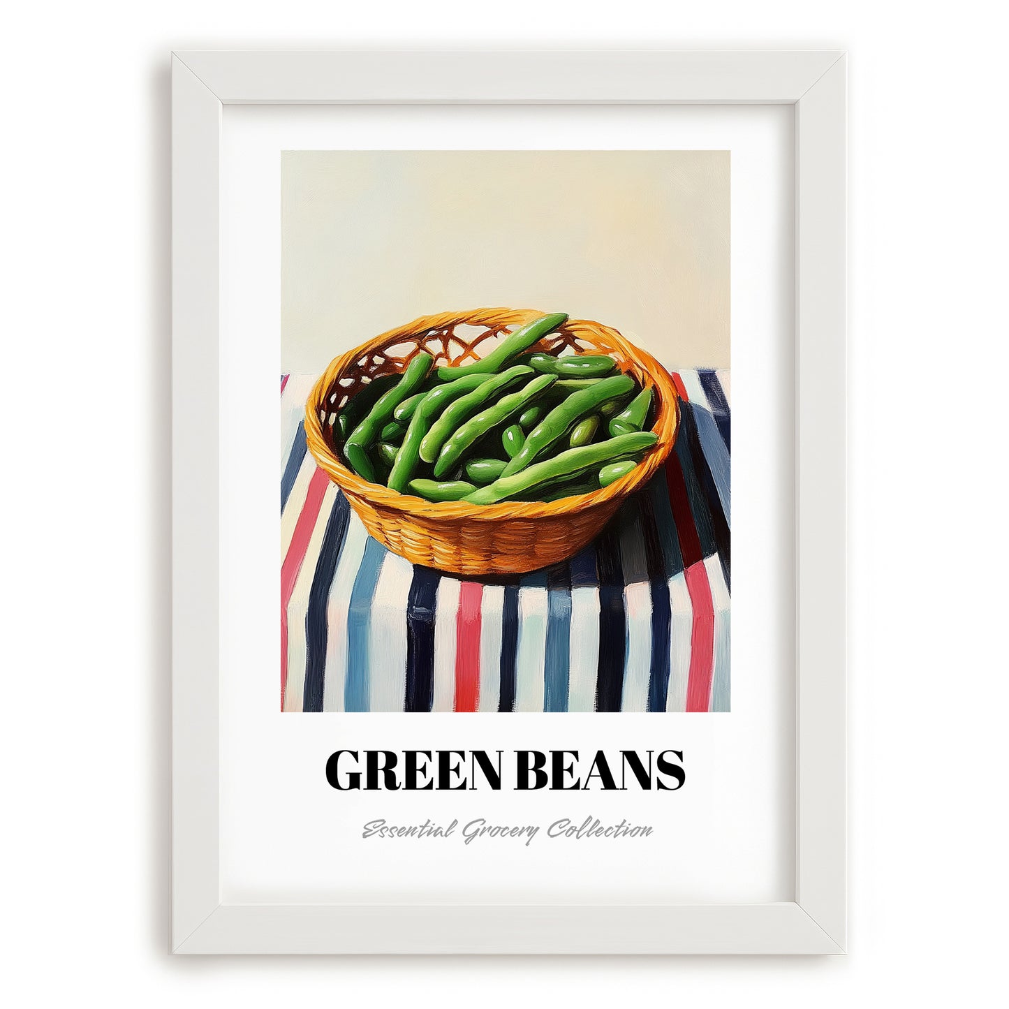 Green Beans – on Striped Tablecloth, Vegetable Illustration, placed in minimal white frame