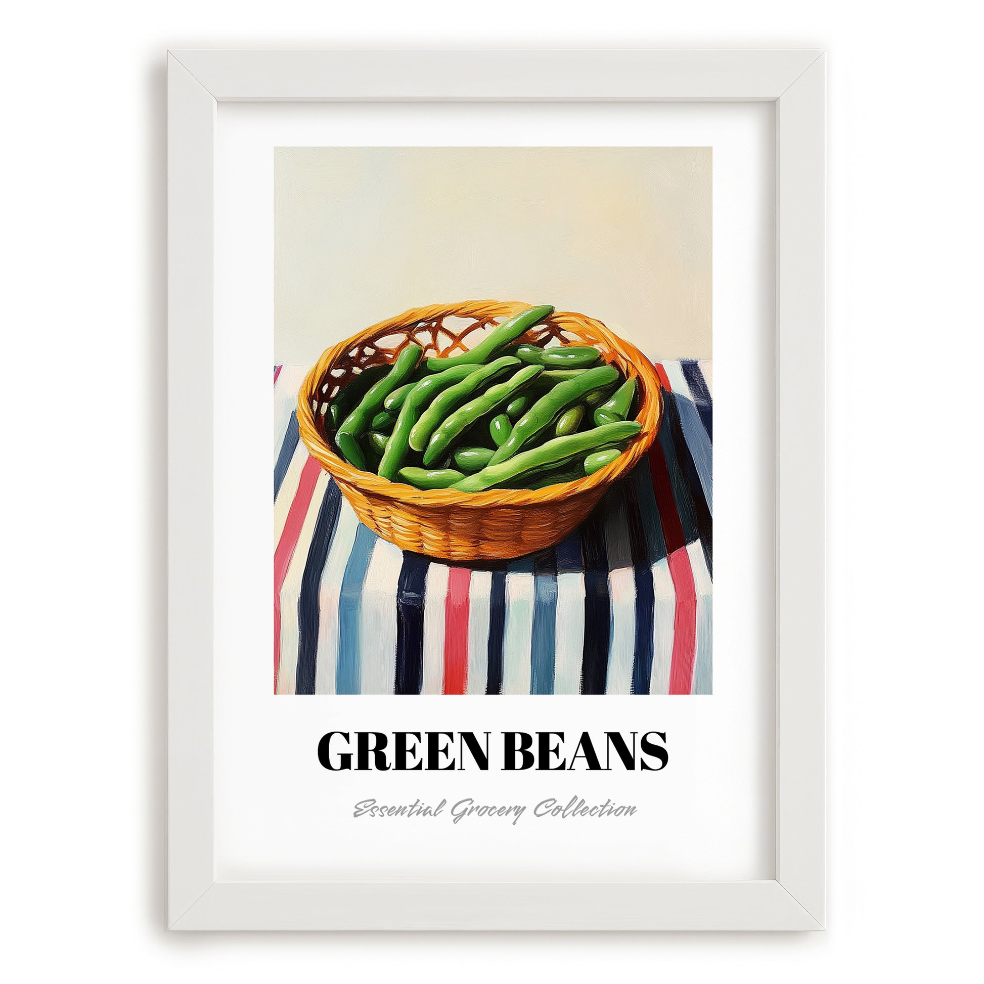 Green Beans – on Striped Tablecloth, Vegetable Illustration, placed in minimal white frame