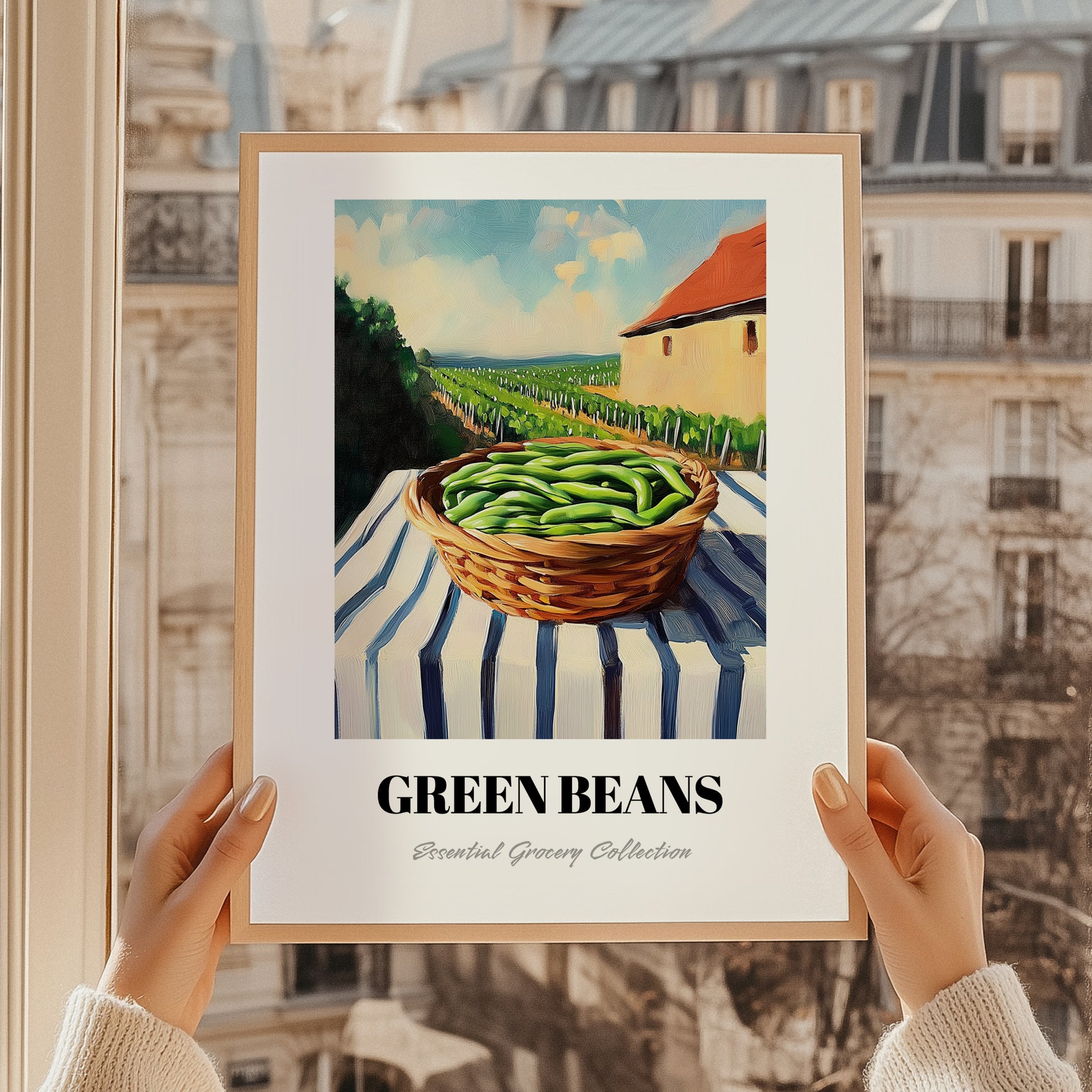Green Beans – Valley Café Scene, Vegetable Still Life, styled in a charming Paris street view