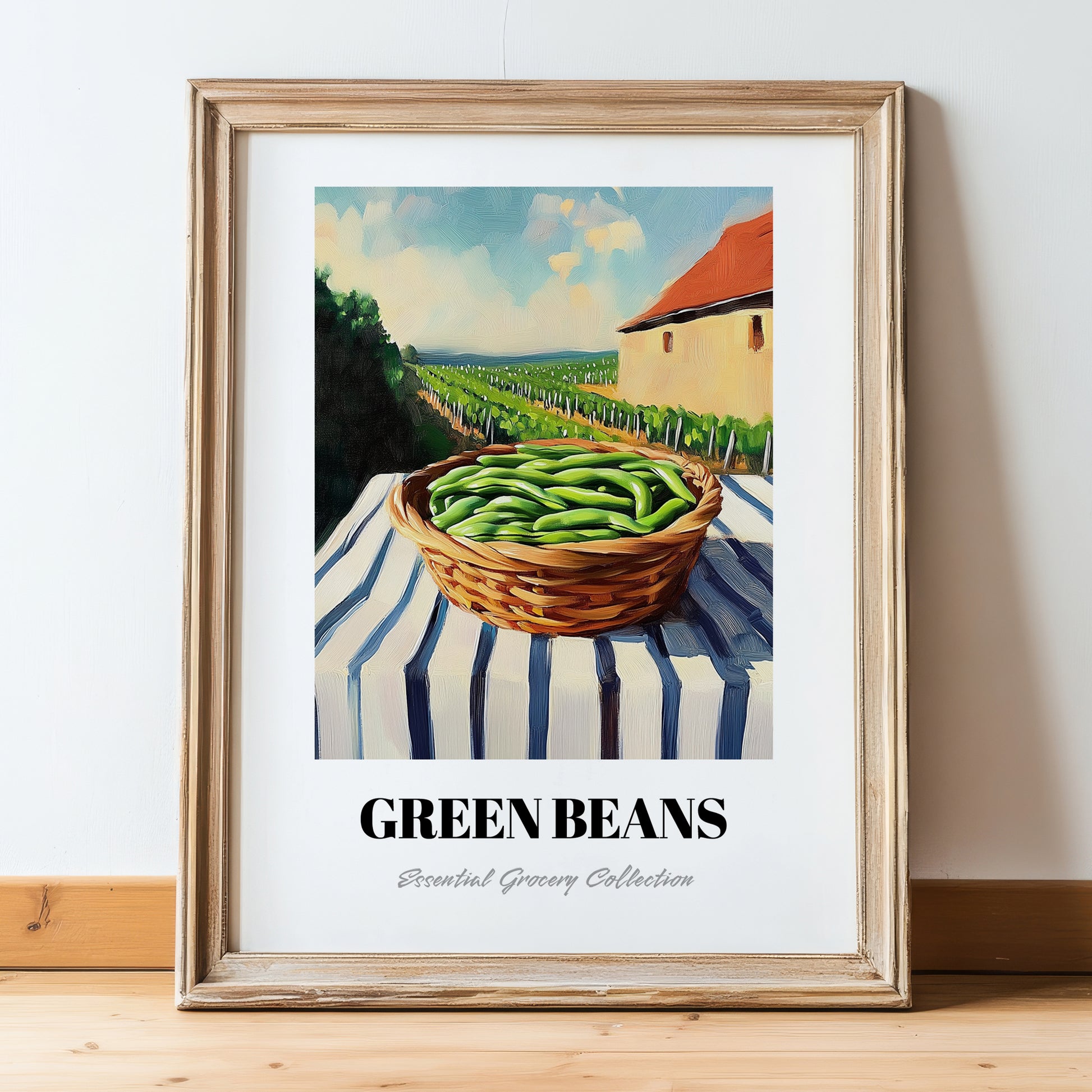 Green Beans – Valley Café Scene, Vegetable Still Life, in wooden frame leaning on the floor