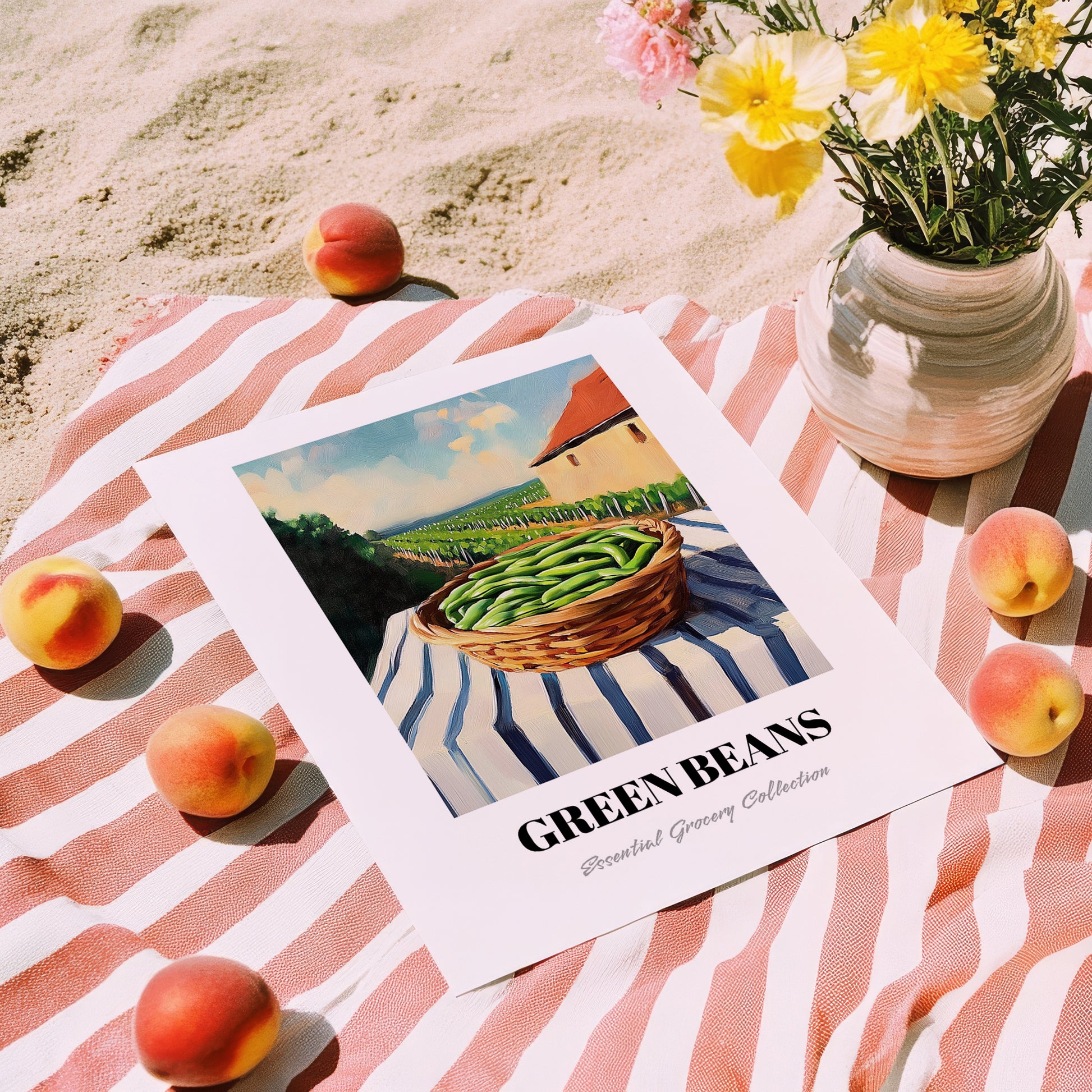 Green Beans – Valley Café Scene, Vegetable Still Life, unframed on coastal sand