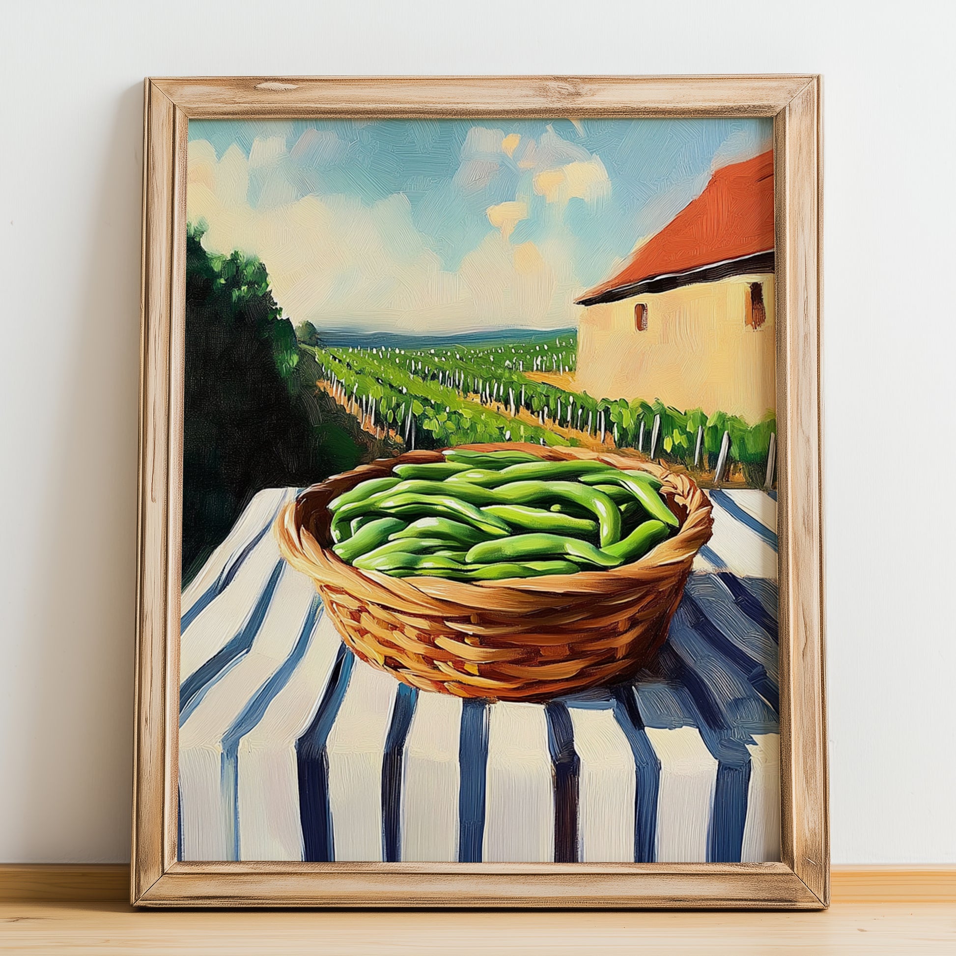 Green Beans – Valley Café Scene, Vegetable Still Life, no-text version framed in wood