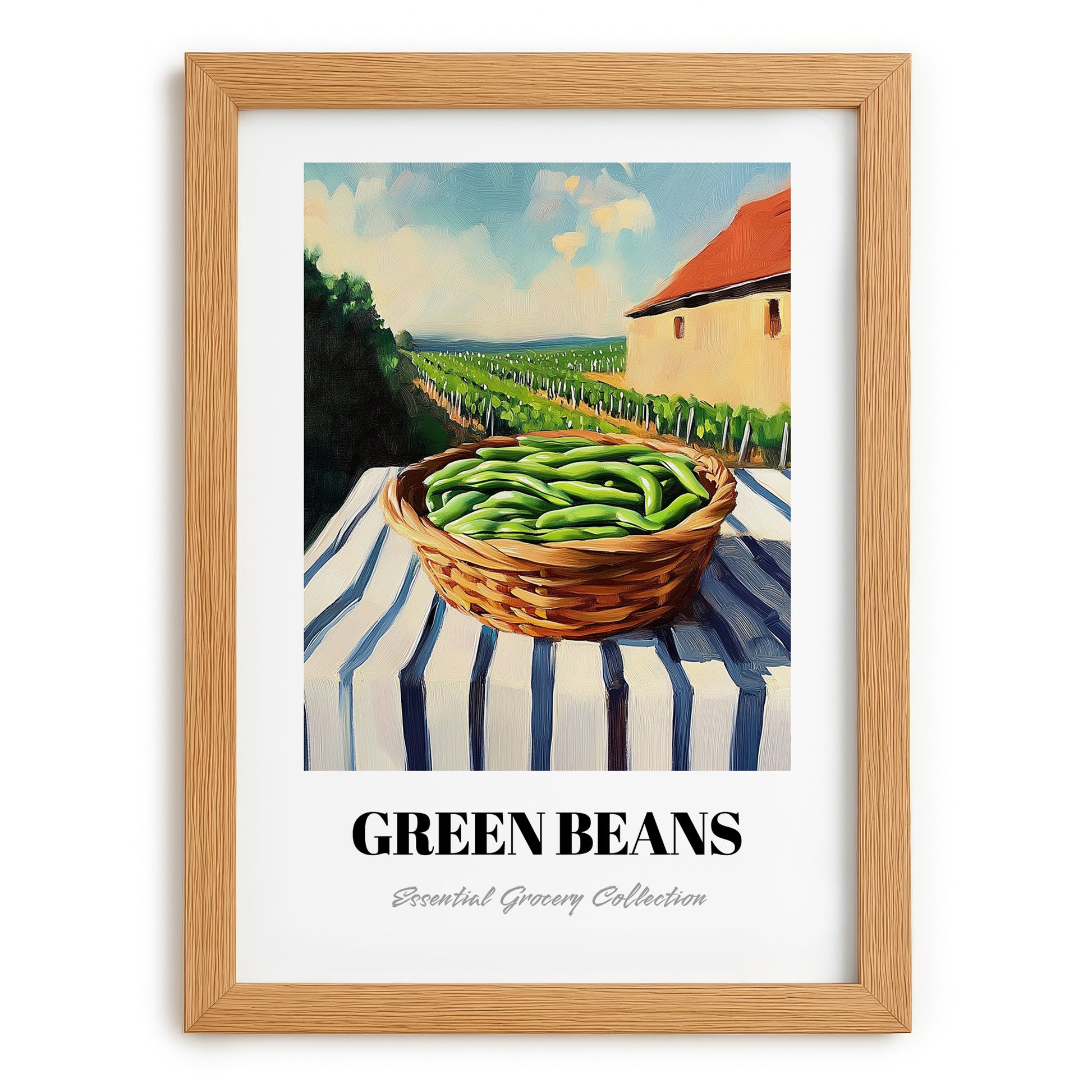 Green Beans – Valley Café Scene, Vegetable Still Life, set in oak frame